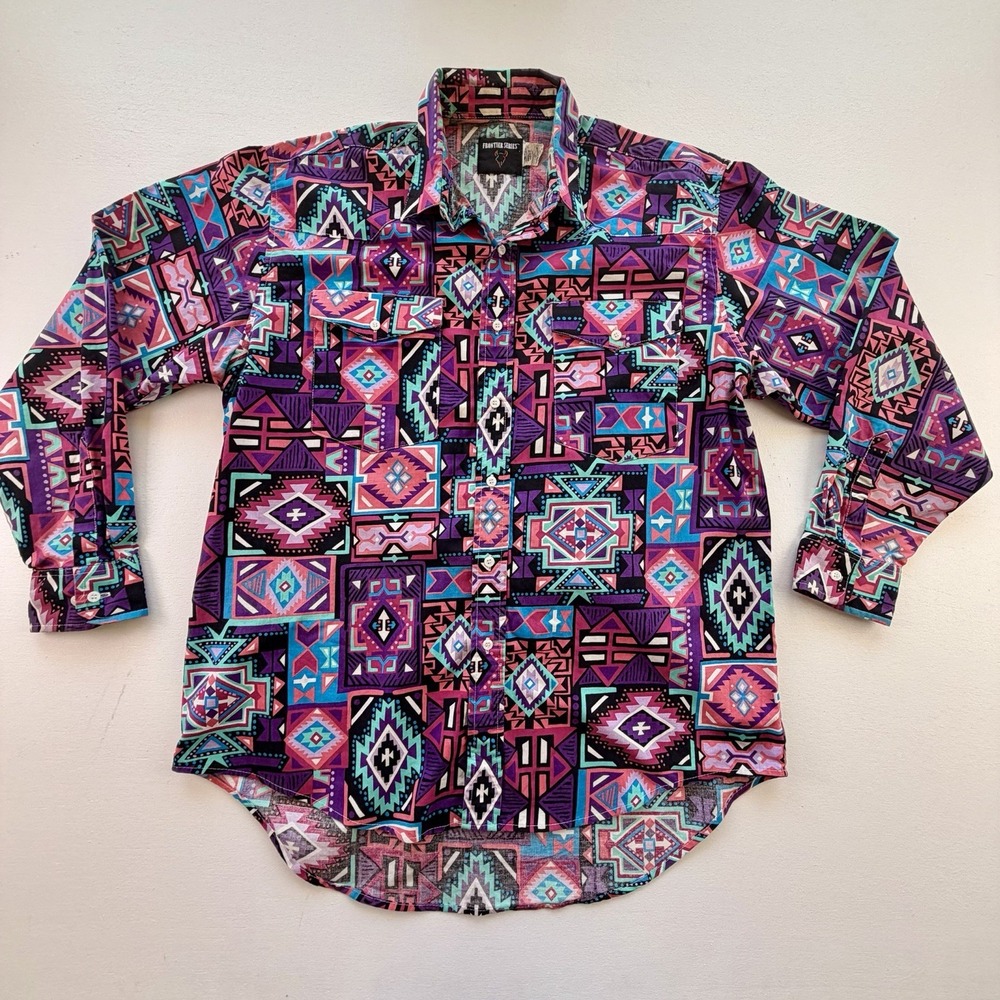 Frontier Series Shirt Mens Large Colorful Southwest Aztec Print 90s Vintage